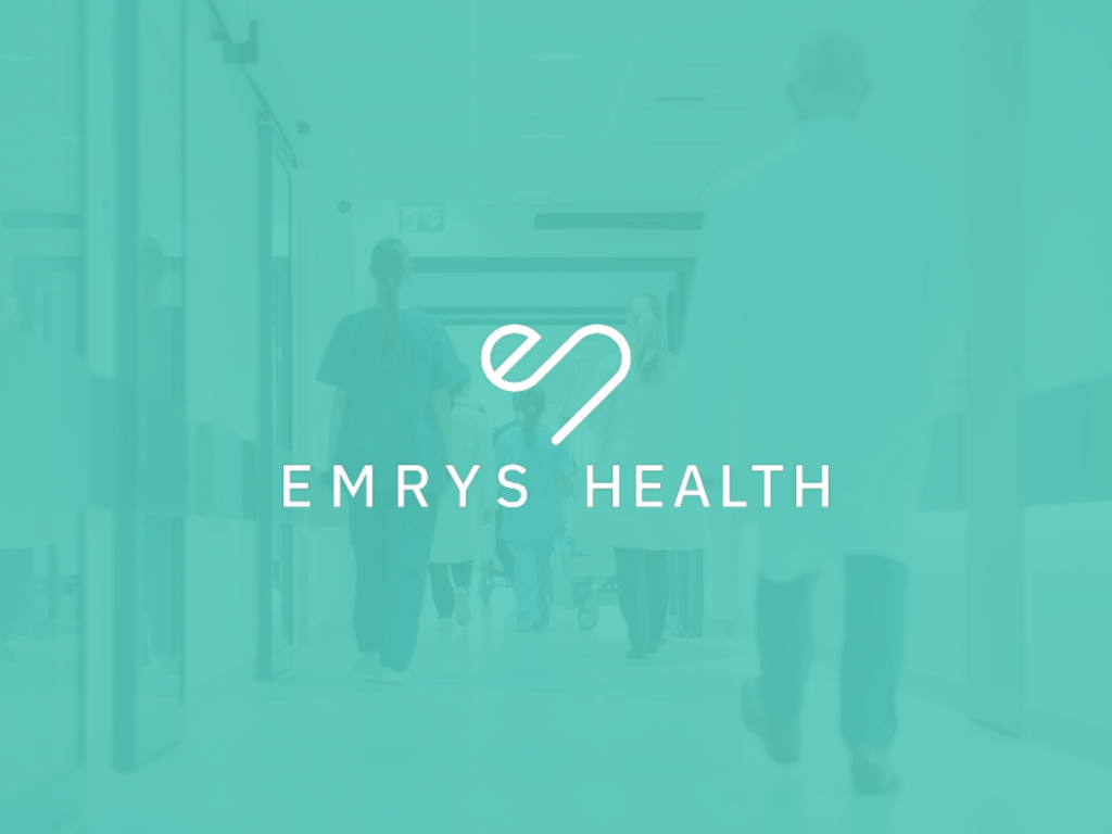 Emrys health light green image with white Emrys Health logo in the middle healthcare setting in the background.