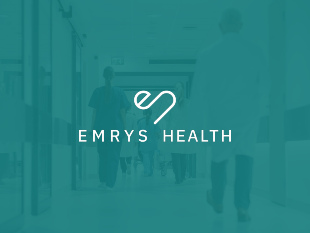 Emrys health green image with white Emrys Health logo in the middle healthcare setting in the background.